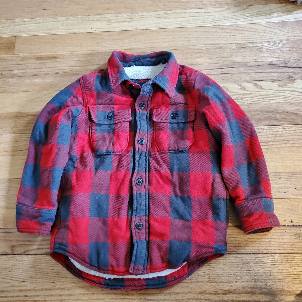 Gap Kids Red Buffalo Plaid Sherpa Lined CPO Shirt Jacket XS 4-5 Cozy Warm